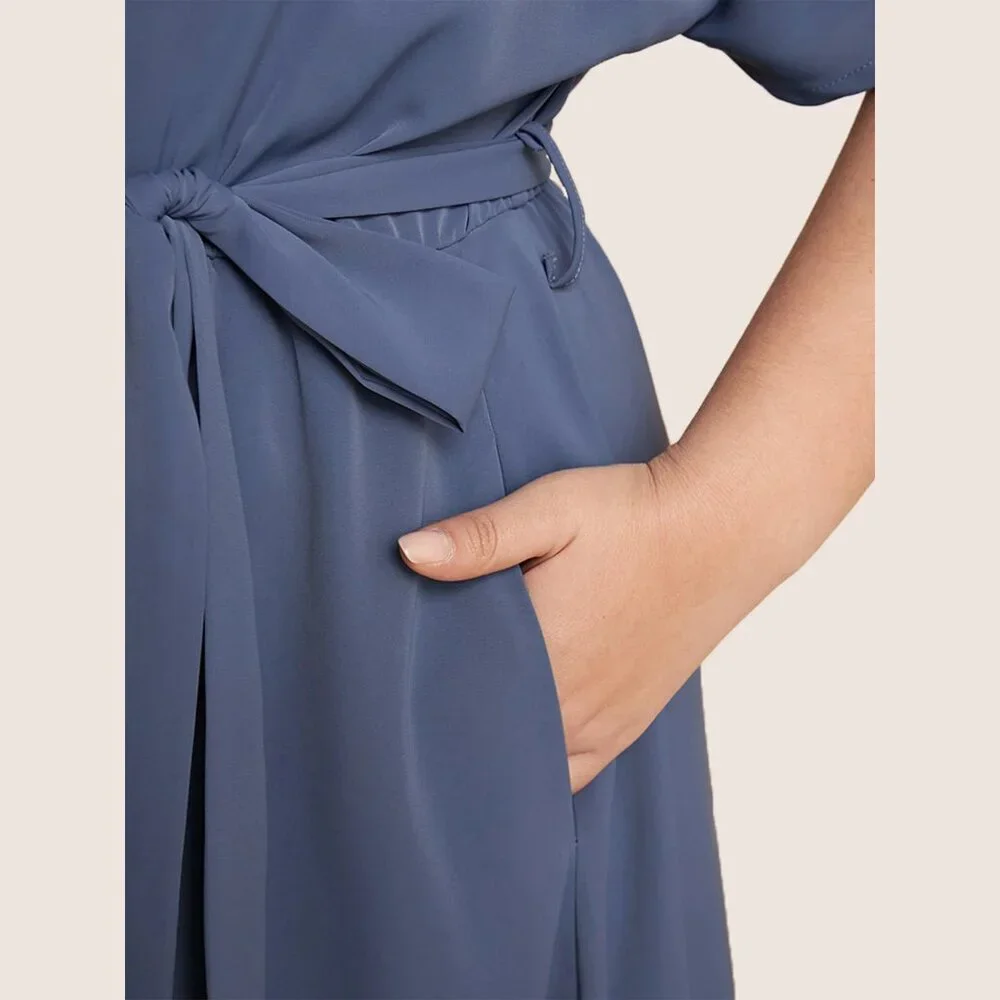 NWT BloomChic StonePlain Dolman Sleeve Pocket Belted Surplice Neck Flutter Dress - Picture 8 of 8